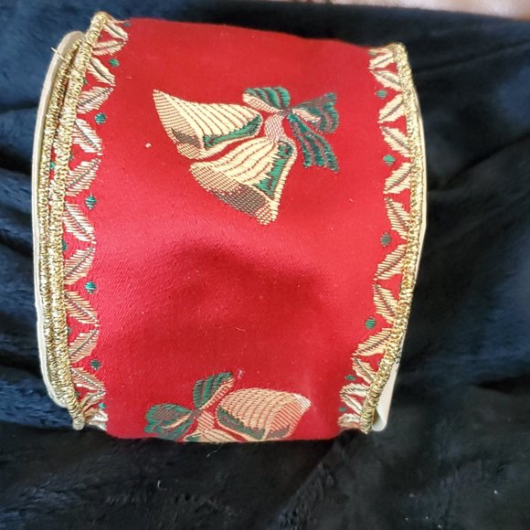Vintage R-Tex Heavy Brocade Christmas Bells Ribbon 3" wide x 4.5 yrds-Gold Edge - Picture 2 of 6